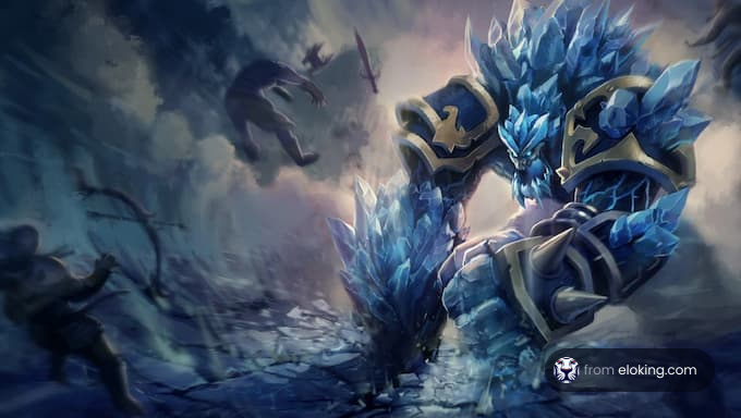 Potężny lodowy golem atakuje w fantastycznym krajobrazie.